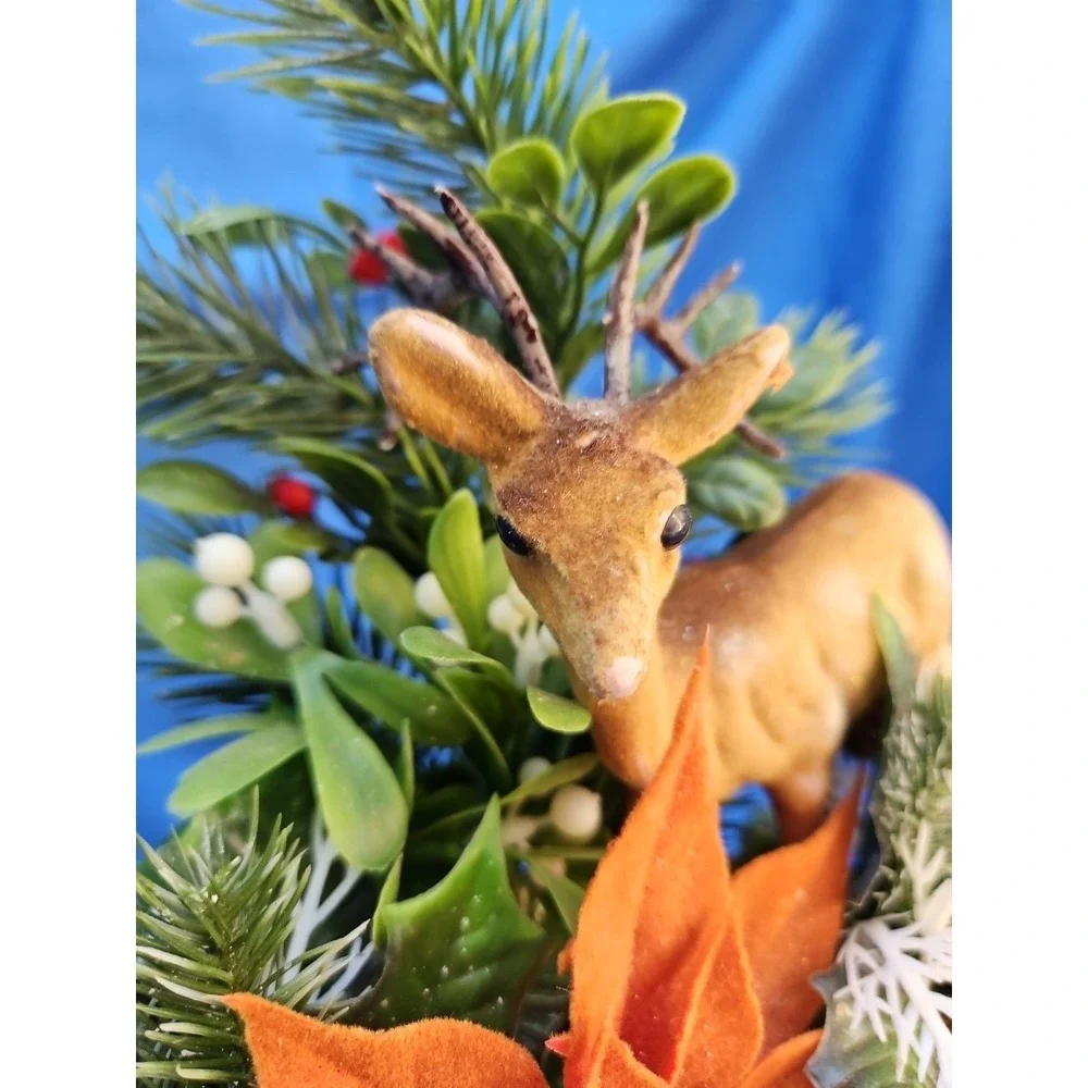 Christmas Reindeer Yule Tide Log Centerpiece Flocked Plastic Poinsettia 10